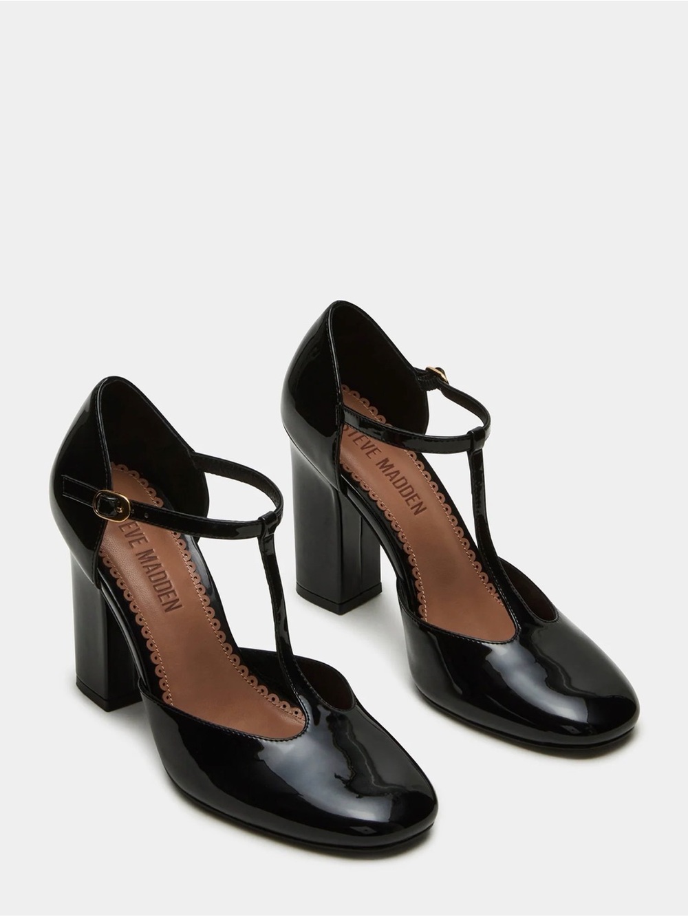 Black Patent T-Strap Block Heel Pumps
